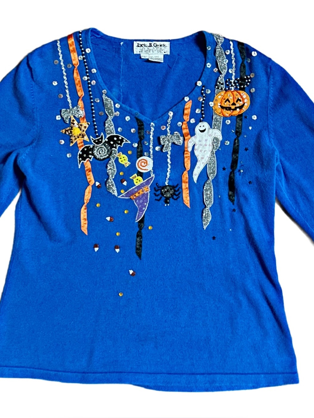 Jack B. Quick ~ Large ~ Blue W/ Halloween Colors & Theme ~ Ribbon/Sequins Shirt